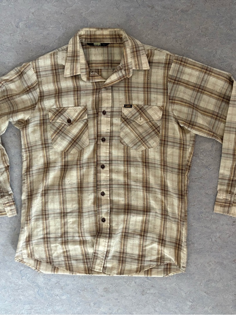 Vintage Lee Men's Cream and Brown Plaid Button-Down Shirt